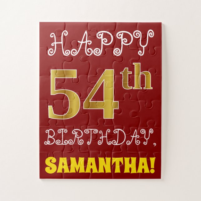 Red, Faux Gold 54th Birthday + Custom Name Puzzle (Vertical)
