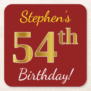 Red, Faux Gold 54th Birthday + Custom Name Square Paper Coaster