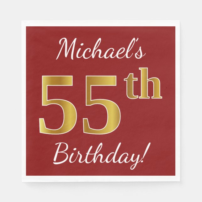 Red, Faux Gold 55th Birthday + Custom Name Napkin (Front)