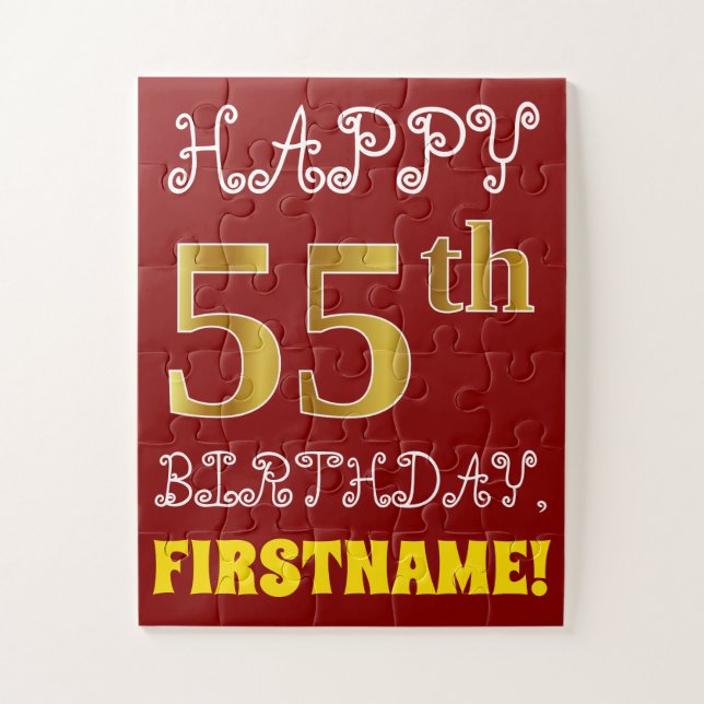 Red, Faux Gold 55th Birthday + Custom Name Puzzle (Vertical)