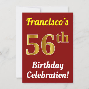 Red, Faux Gold 56th Birthday Celebration + Name Invitation
