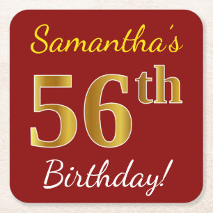 Red, Faux Gold 56th Birthday + Custom Name Square Paper Coaster
