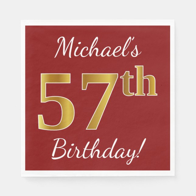 Red, Faux Gold 57th Birthday + Custom Name Napkin (Front)