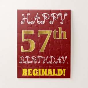 Red, Faux Gold 57th Birthday + Custom Name Puzzle