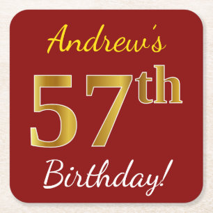 Red, Faux Gold 57th Birthday + Custom Name Square Paper Coaster
