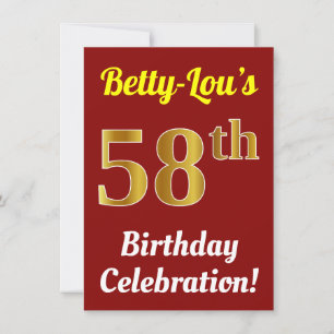 Red, Faux Gold 58th Birthday Celebration + Name Invitation