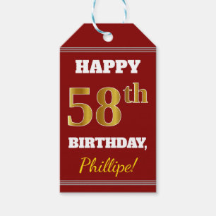 Red, Faux Gold 58th Birthday + Custom Name Gift Tags