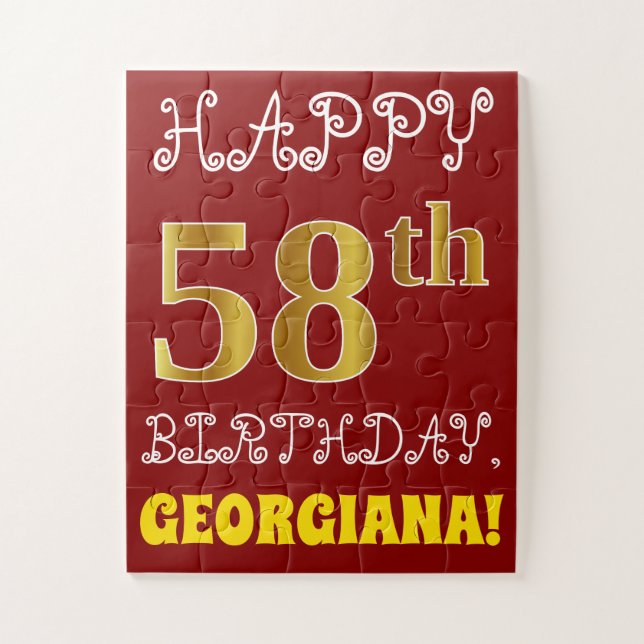 Red, Faux Gold 58th Birthday + Custom Name Puzzle (Vertical)