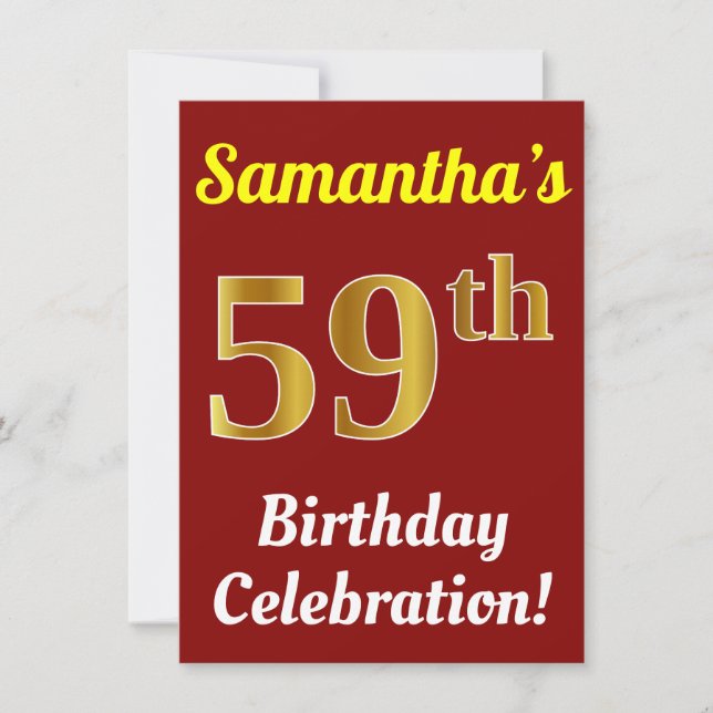Red, Faux Gold 59th Birthday Celebration + Name Invitation (Front)