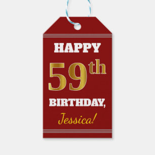 Red, Faux Gold 59th Birthday + Custom Name Gift Tags