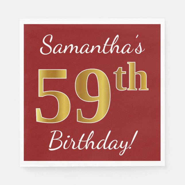 Red, Faux Gold 59th Birthday + Custom Name Napkin (Front)