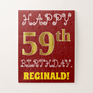 Red, Faux Gold 59th Birthday + Custom Name Puzzle