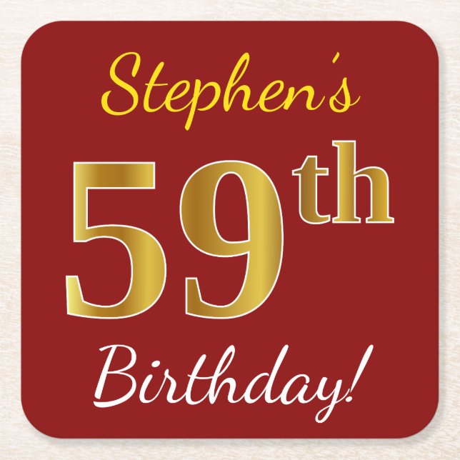 Red, Faux Gold 59th Birthday + Custom Name Square Paper Coaster (Front)