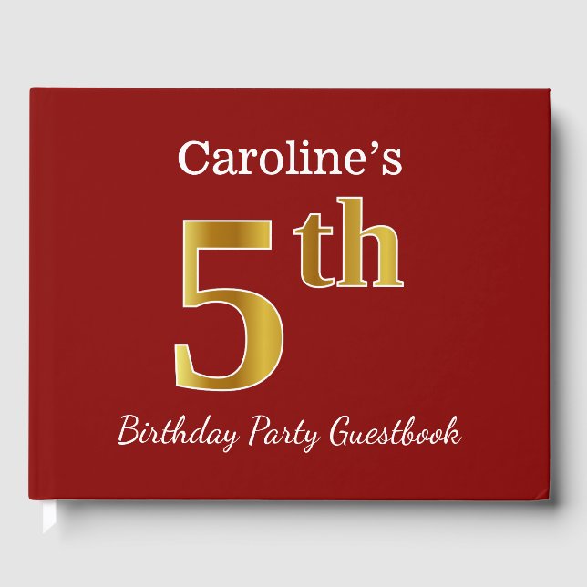 Red, Faux Gold 5th Birthday Party + Custom Name Guest Book (Front)