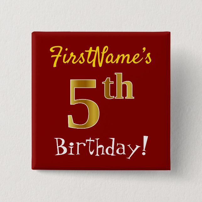 Red, Faux Gold 5th Birthday, With Custom Name 15 Cm Square Badge (Front)