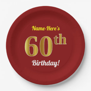 Red, Faux Gold 60th Birthday + Custom Name Paper Plate