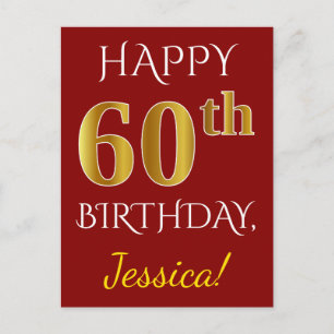 Red, Faux Gold 60th Birthday + Custom Name Postcard
