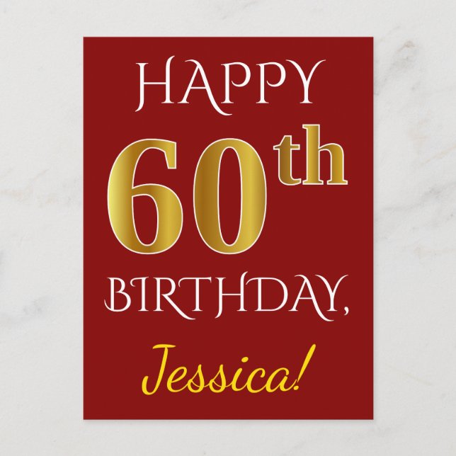 Red, Faux Gold 60th Birthday + Custom Name Postcard (Front)