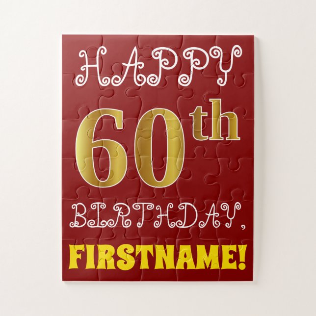 Red, Faux Gold 60th Birthday + Custom Name Puzzle (Vertical)
