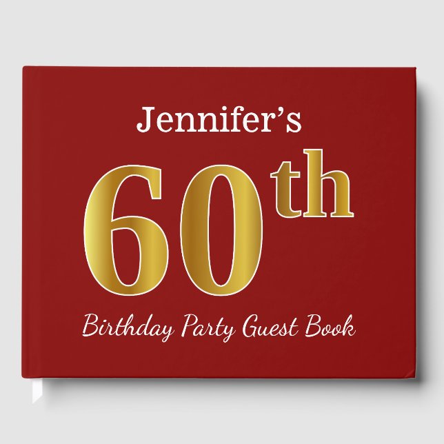 Red, Faux Gold 60th Birthday Party + Custom Name Guest Book (Front)