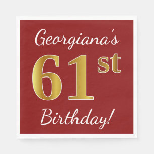 Red, Faux Gold 61st Birthday + Custom Name Napkin