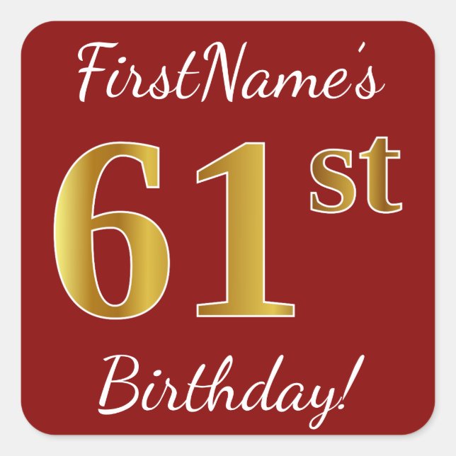 Red, Faux Gold 61st Birthday + Custom Name Sticker (Front)