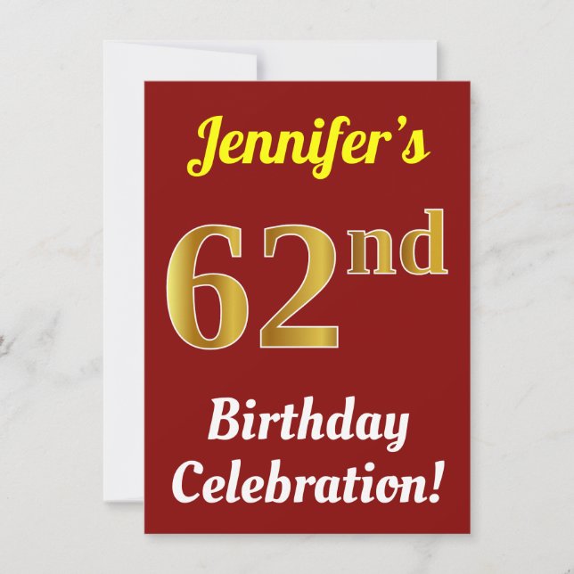 Red, Faux Gold 62nd Birthday Celebration + Name Invitation (Front)