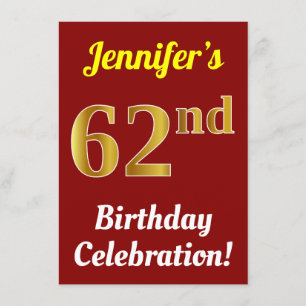 Red, Faux Gold 62nd Birthday Celebration + Name Invitation