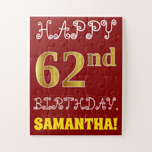 Red, Faux Gold 62nd Birthday + Custom Name Puzzle (Vertical)