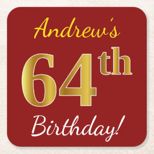 Red, Faux Gold 64th Birthday + Custom Name Square Paper Coaster