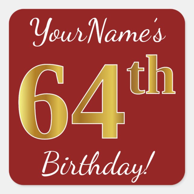 Red, Faux Gold 64th Birthday + Custom Name Sticker (Front)