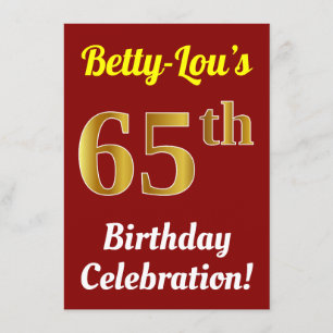 Red, Faux Gold 65th Birthday Celebration + Name Invitation