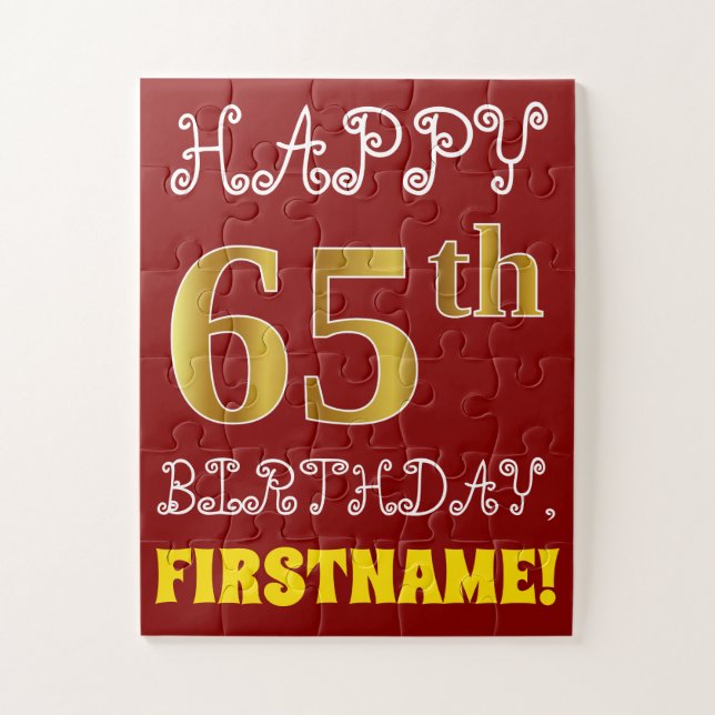 Red, Faux Gold 65th Birthday + Custom Name Puzzle (Vertical)
