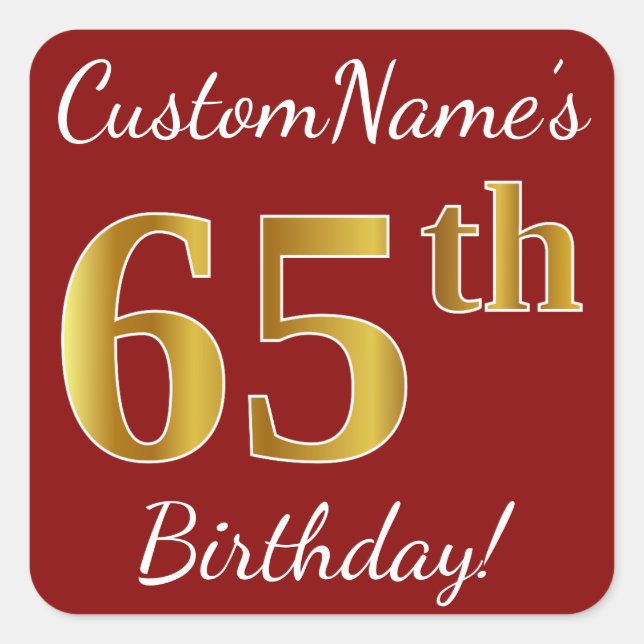 Red, Faux Gold 65th Birthday + Custom Name Sticker (Front)
