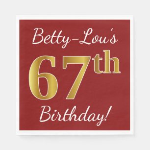 Red, Faux Gold 67th Birthday + Custom Name Napkin