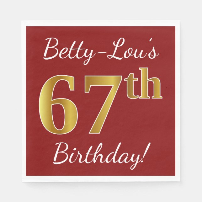 Red, Faux Gold 67th Birthday + Custom Name Napkin (Front)