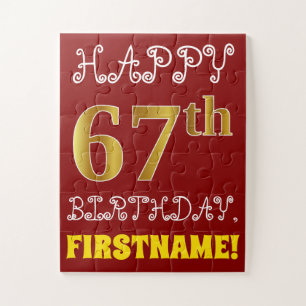 Red, Faux Gold 67th Birthday + Custom Name Puzzle