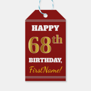 Red, Faux Gold 68th Birthday + Custom Name Gift Tags