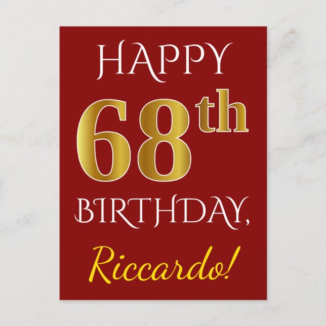 Red, Faux Gold 68th Birthday + Custom Name Postcard (Front)