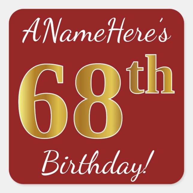 Red, Faux Gold 68th Birthday + Custom Name Sticker (Front)