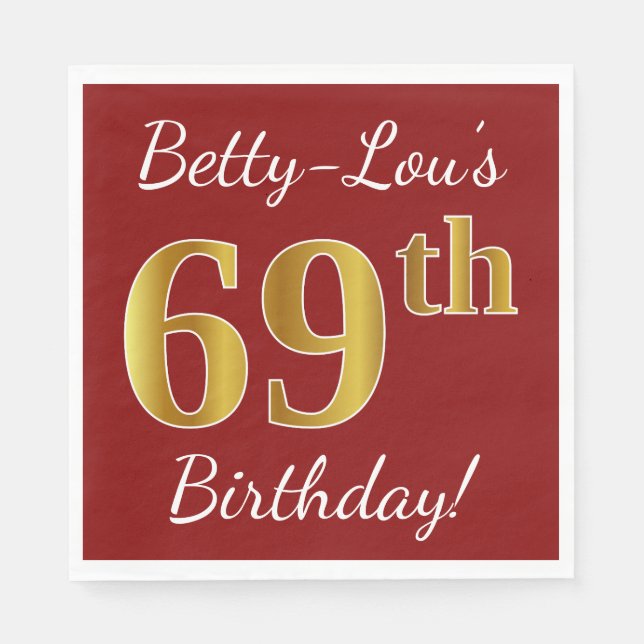 Red, Faux Gold 69th Birthday + Custom Name Napkin (Front)