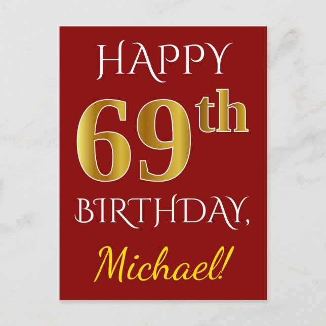 Red, Faux Gold 69th Birthday + Custom Name Postcard (Front)