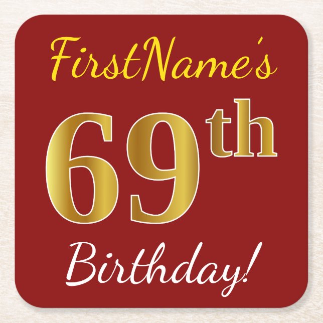 Red, Faux Gold 69th Birthday + Custom Name Square Paper Coaster (Front)