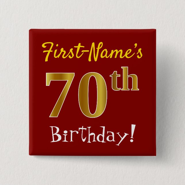 Red, Faux Gold 70th Birthday, With Custom Name 15 Cm Square Badge (Front)