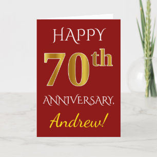 Red, Faux Gold 70th Wedding Anniversary + Name Card