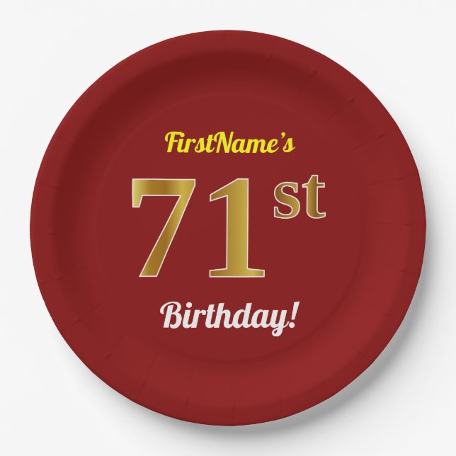 Red, Faux Gold 71st Birthday + Custom Name Paper Plate (Front)
