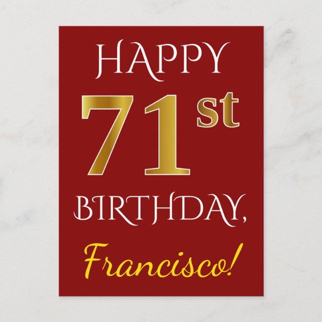 Red, Faux Gold 71st Birthday + Custom Name Postcard (Front)