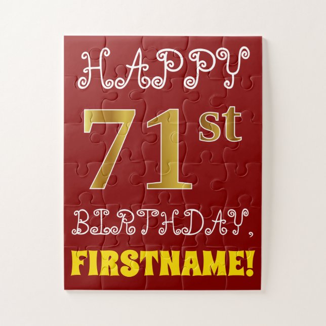 Red, Faux Gold 71st Birthday + Custom Name Puzzle (Vertical)