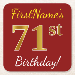 Red, Faux Gold 71st Birthday + Custom Name Square Paper Coaster