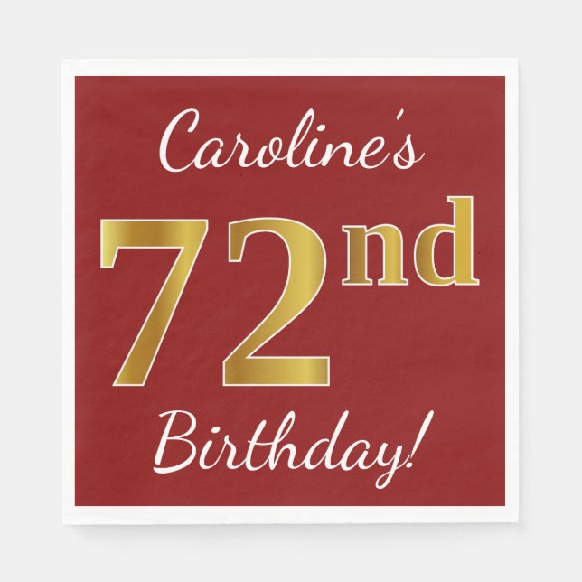 Red, Faux Gold 72nd Birthday + Custom Name Napkin (Front)